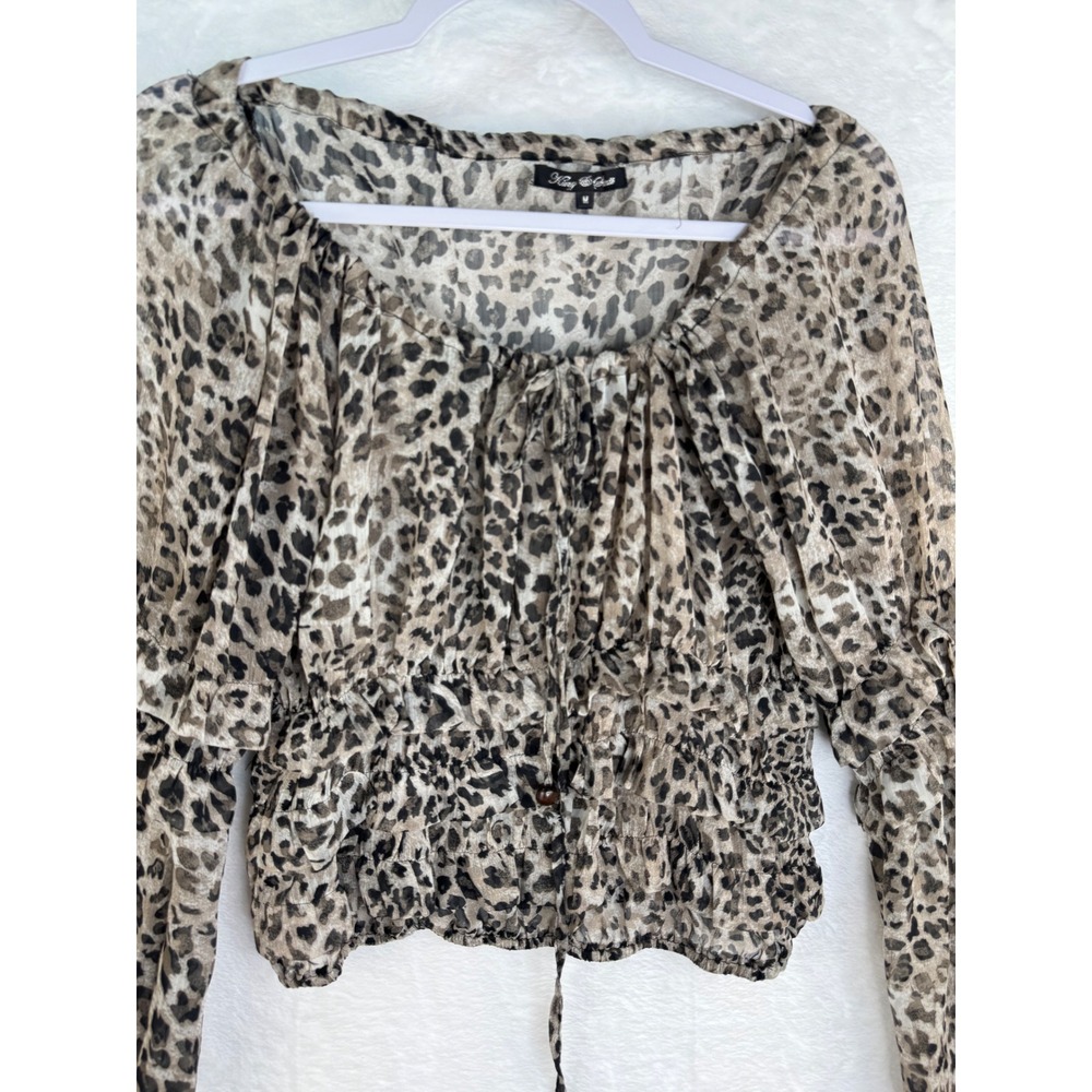 King & Girls Leopard Print Smocked Waist Ruffle Sleeve Sheer Blouse Medium - Picture 3 of 8